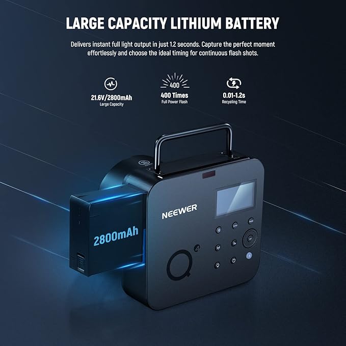 NEEWER Q4 400Ws 2.4G TTL Outdoor Studio Flash Strobe (New Look),1/8000 HSS 2800mAh Battery Powered Photography Monolight Speedlite 30W Modeling Lamp/400 Full Power Flash/0.01-1.2s Recycle/Bowens Mount