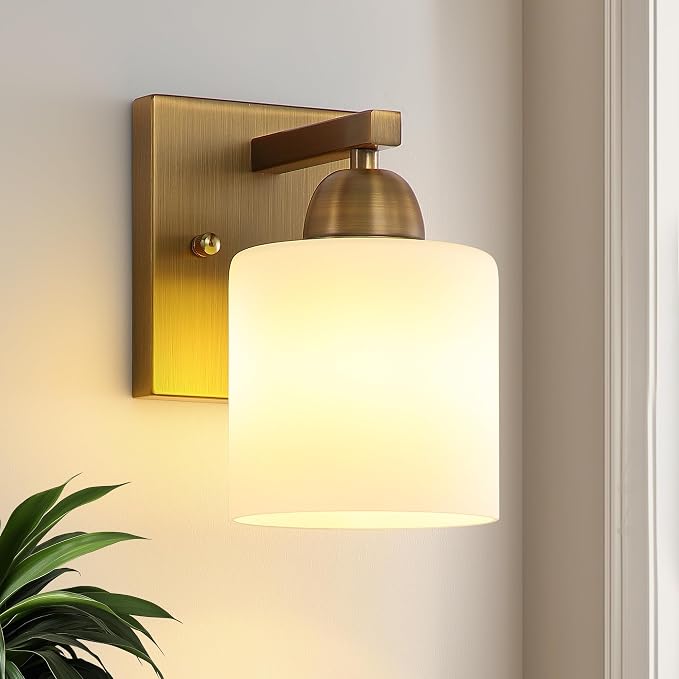 Mecgirn Brass Milk Glass Wall Sconces, 1 Pack Hardwired Indoor Wall Light Fixtures for Living Room, Hallway, Bedroom, Ceramic E26 Sockets (Bulbs Not Included)