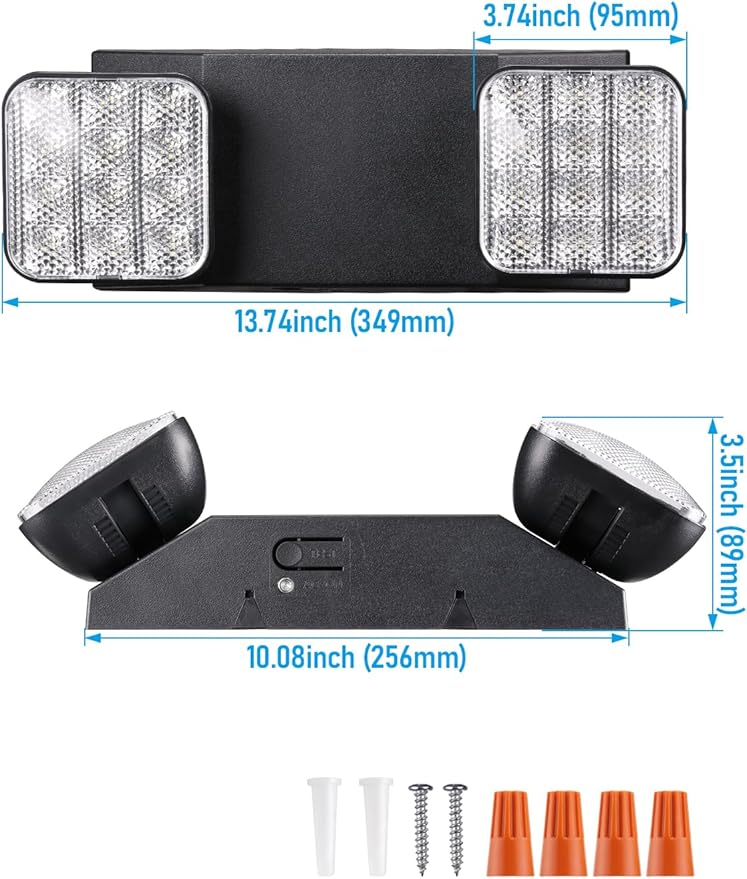 TORCHSTAR LED Emergency Lights, Emergency Lighting with Battery Backup, Dual Heads Adjustable, Lighting Fixtures for Emergency Use, Home Power Failure, UL & FCC Listed, AC 120/277V, Black, Pack of 4