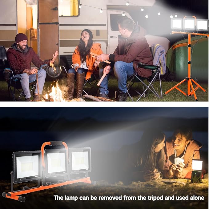 22000 Lumen Work Lights with Stand, 3 Head Portable LED Work Light, with Adjustable&Foldable Tripod Stand, IP66 Waterproof Lamp for Outdoor Indoor Job Site Workshop Garage Construction Site Lighting