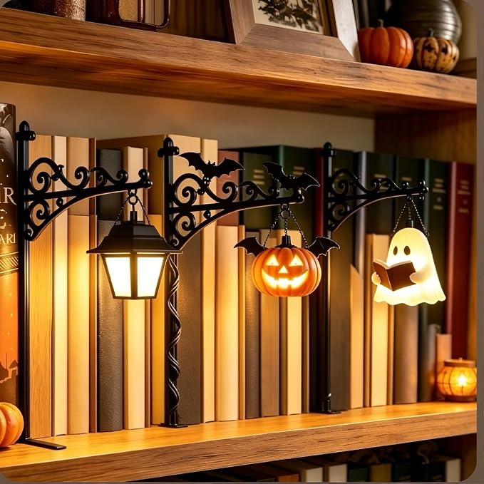 Library Lantern Bookshelf Lamp, Ghost Bookshelf Lantern with Warm LED Nightlight, Mini Nook Light for Bookshelf, Table Desk Pumpkin Luminaire, Halloween Bookshelf Decor for Book Lovers