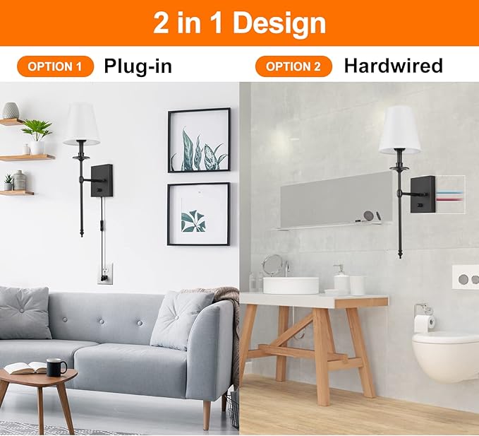 Dimmable Wall Sconces Set of Two, Plug in Wall Sconces White Fabric Shade, Wall Lamp for Bedroom, Living Room, Plug in Wall Light Sconces Wall Decor Set of 2, LED Bulbs Included, Black
