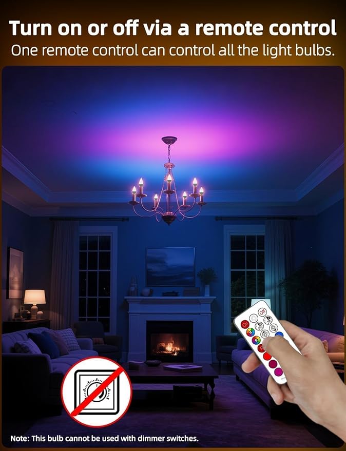 HEKEE E12 LED Candelabra Light Bulbs, Color Changing Candle, C37 B11 40W Incandescent Equivalent, 450 Lumen, RGB + 2700K Warm White, 5Watt, 12 Colors, 2 Modes, Timer, Remote Control(4 Pack)