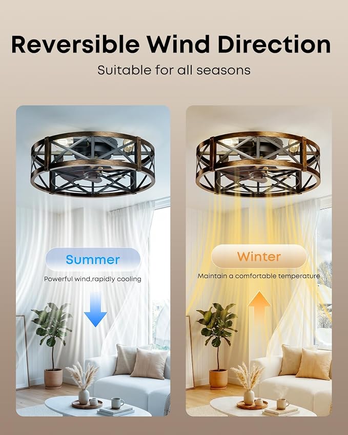 Caged Ceiling Fan with Light and Remote, 20" Low Profile Flush Mount Ceiling Fans with Light, 6 Speed, Timing, Reversible DC Motor, Small Farmhouse Fan Lights for Bedroon Kitchen Living Dining Room