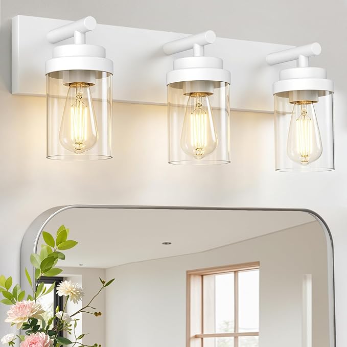 IZORRO Bathroom Vanity Light Fixture, 3-Light 22 Inch White Bathroom Light Fixtures Over Mirror, with Clear Glass Shade, Modern Farmhouse Vanity Lights, Rustic Restroom Lighting Fixtures