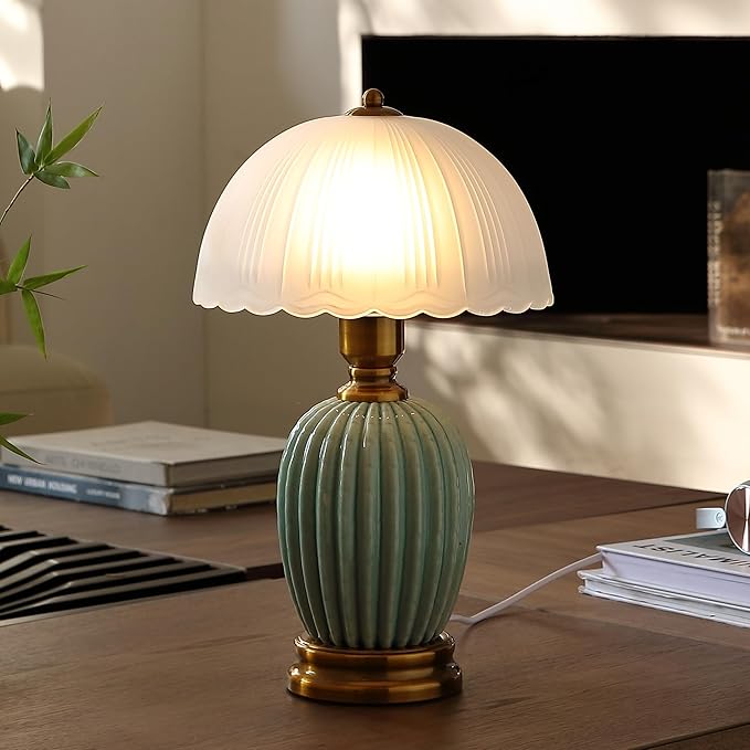 Glivpny 16" Vintage Ceramic Table Lamp for Bedroom,Mushroom Lamps (LD003) | Mid Century Modern Ceramic Lamps for Living Room,Retro Bedside Glass Lamps, Classic Chinoiserie Green Lamp for Home Decor