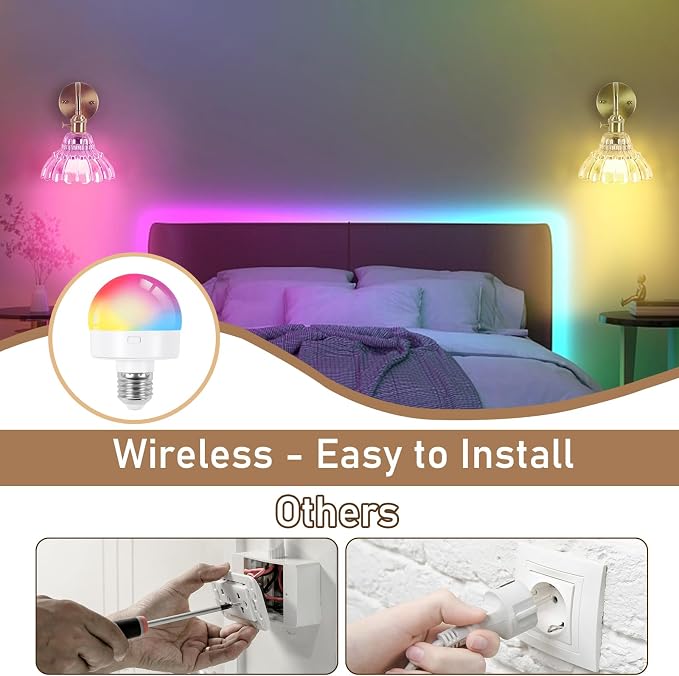 Vintage Battery Operated Wall Sconces Set Of Two, Indoor not Hardwired Brass Amber Glass Lampshade Fixtures,Rechargeable Wireless RGB Wall Lights with Dimmable Remote Control,for Bedroom Living Room
