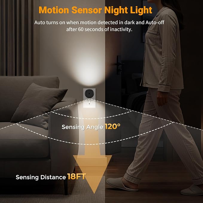 TSEXES 4 Pack LED Motion Sensor Night Light, 2700K Warm White | Plug into Wall,Dusk to Dawn Sensor,for Bedroom,Bathroom,Stairs,Hallway,Non-Dimmable