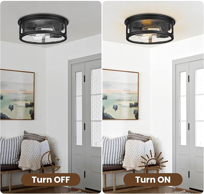 Farmhouse Black Flush Mount Ceiling Light Fixtures with Seeded Glass | Lampshade & Metal Frame, 2-Light Industrial Close to Ceiling Light for Kitchen, Hallway, Entryway, Bedroom, Forer, Entryway