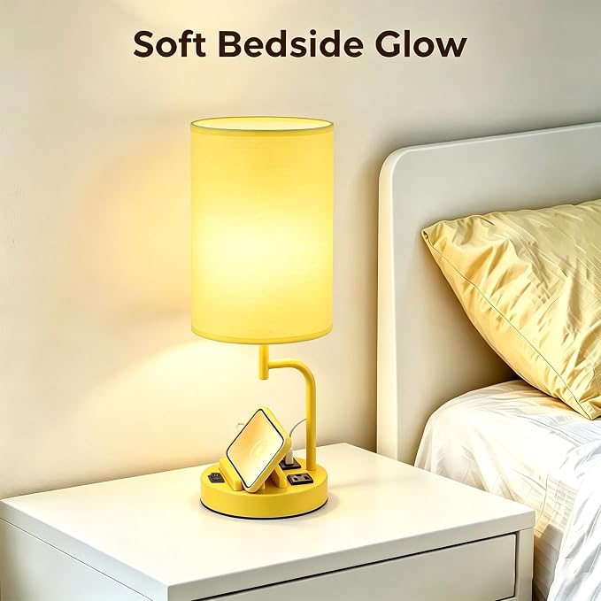 Dreamholder 2 Pack Table Lamp, Bedside Lamp with 3 USB Charging Ports & AC Outlet, USB Desk Lamp with 2 Phone Holders, Linen Fabric Shade Nightstand Lamps for Bedroom Living Room Office, Yellow