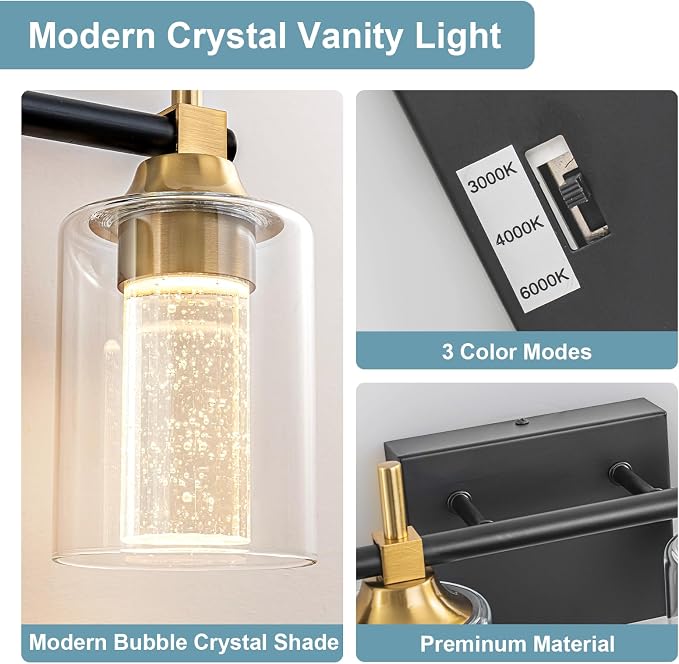 Vanity Light with 3 Color Modes (3000K/4000K/6000K), Eye Protection LED Bathroom Light Fixture, Dimmable Modern Wall Light Over Mirror with Clear Glass Shade (Black and Gold, 4-Light)