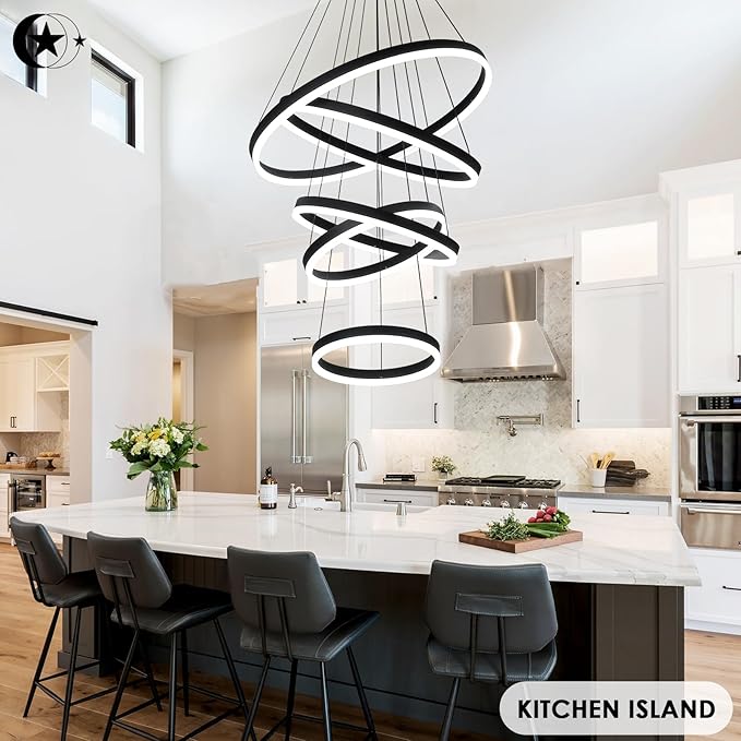 5-Rings Modern LED Chandelier Black Dimmable High Ceiling Chandelier for Dining Room with Remote Control for Foyer Living Room Entryway Staircase(D23.6’’, 3000K-6500K)