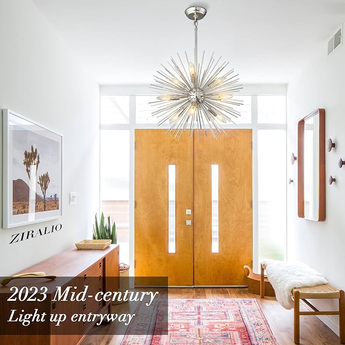 20" Modern Nickel Sputnik Chandelier 9-Lights Mid-Century Modern Starburst Chandelier Vintage Chrome Solid Metal Sputnik Chandeliers for Dining Room, Living Room, Bedroom, Kitchen, E12