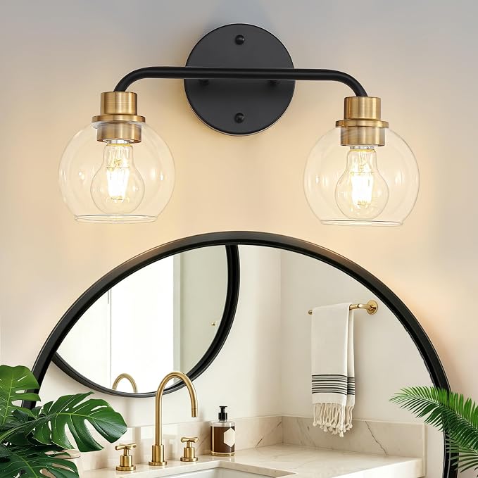 2 Light Bathroom Vanity Light Black and Gold Bathroom Light Fixtures | with Clear Glass Shade Modern Wall Sconces Lighting Bath Wall Lights Lamp for Mirror Kitchen Living Room Bedroom Hallway