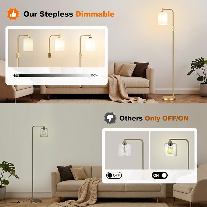 【Upgraded】 Dimmable Floor Lamp for Living Room with Opal Glass Lamphade, Gold Modern Glass Floor Lamp with 900LM LED Bulb Included, Arc Standing Tall Lamp for Bedroom, Office, Reading Room, Corner