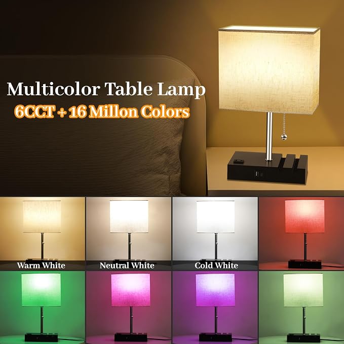 Smart RGB Dimmable Table Lamp Work with Alexa&APP&Remote Control, Beige | Bedside Desk Lamp with Charging Ports&Outlet&Phone Stand, Music Sync Nightstand Lamp for Bedroom Living Room Office Dorm