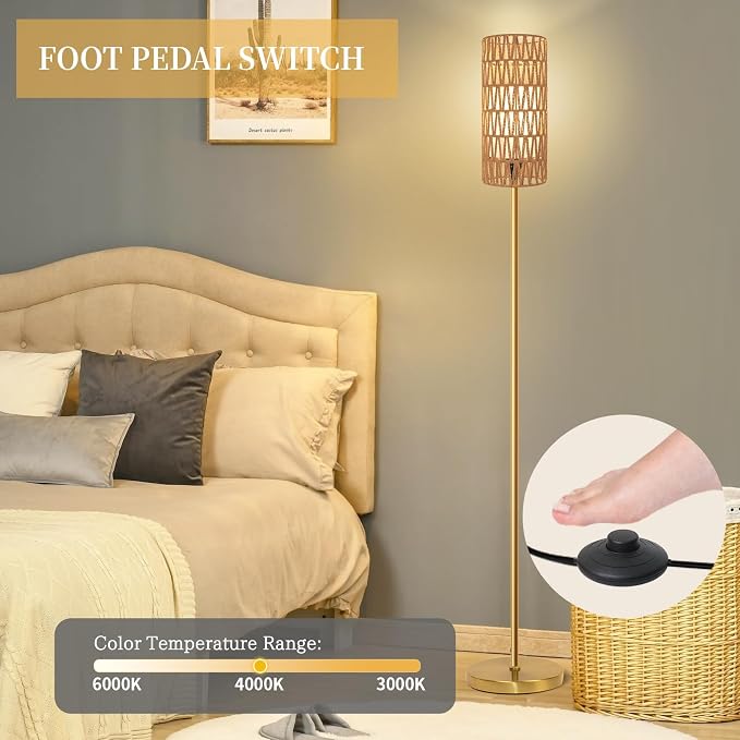 Ruiever Floor Lamp for Living Room,Farmhouse Floor lamp,Modern Standing lamp with Hand-Worked Rattan Shade (Round Rattan Shade Gold Color-3 Color Bulb)