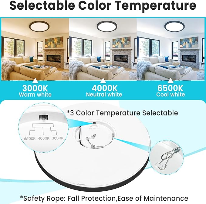 libtit 16" Black LED Ceiling Lights, 36W 3600lm, 3 Color Temps 3000K/4000K/6500K, Large Flush Mount Fixture for Kitchen, Hallway, Bedroom, Living Room, 120V ETL Listed, 1Pack
