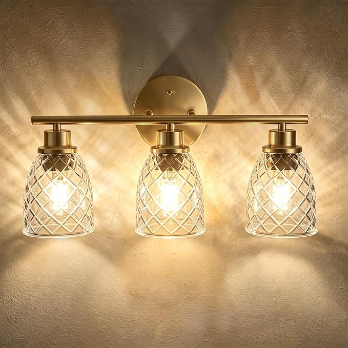 3-Light Bathroom Light Fixtures, Brushed Gold Vanity Lights Over Mirror | Modern Farmhouse Wall Sconces with Hammered Glass Lampshade for Kitchen Hallway Bedroom Living Room Cabinet Porch-18.1IN