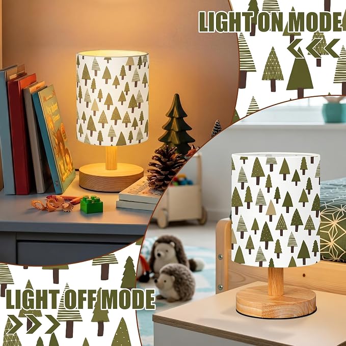 Woodland Kids Table Lamp for Bedroom Kids Bedside Lamp with Linen Wooden Nightstand Cartoon Nursery Lampshade for Girls Boys Living Room