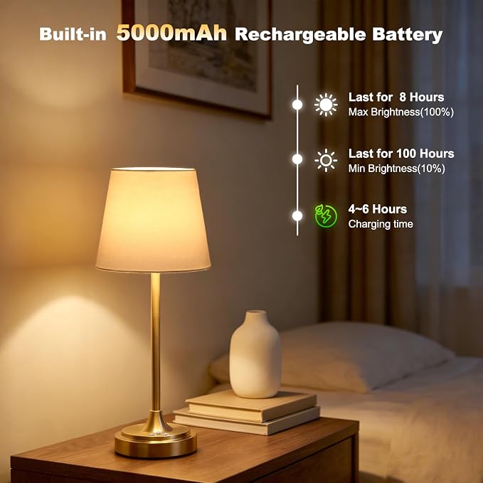 Wowag Cordless Table Lamp Rechargeable,5000mAh Battery Operated Desk Lamp,3 Colors & 7 RGB Stepless Dimmable,Touch Control Ambient Light for Bedside,Bedroom,Dining Room,Living Room,Gold,WhiteShade
