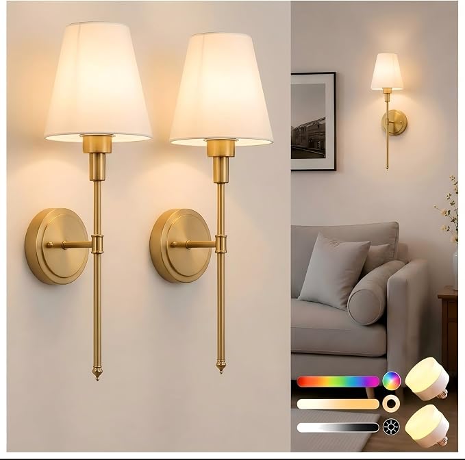 Battery Operated Wall Sconce: Set of 2 Wireless Wall Light 12000mAh | 15 Color Rechargeable Wall Sconces, Sconce Wall Decor Set of 2 for Bedroom, Living Room, Gold 20.7in