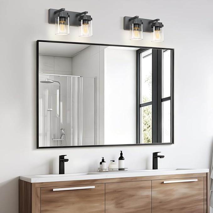 Black Bathroom Light Fixtures, 2 Lights Bathroom Lighting Fixtures Over Mirror, Square Design & Rectangle Large Backplate, Modern Vanity Lighting Fixtures, for Bathroom/Living Room/Bedroom