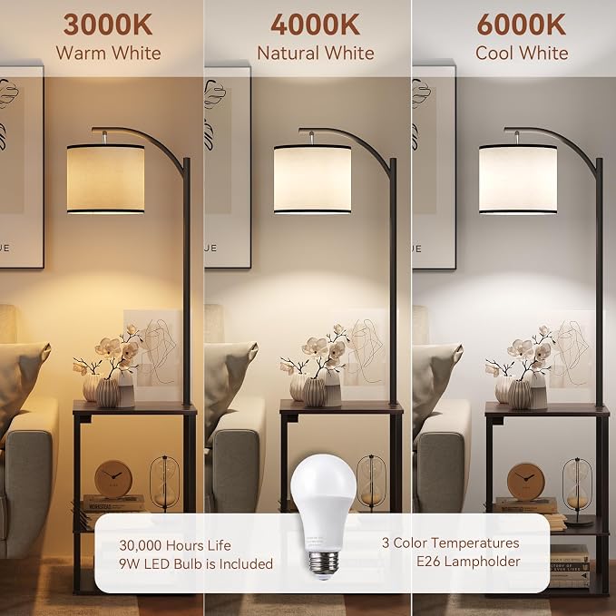 SUNMORY Floor Lamp with Table Shelves, End Side Table for Living Room | USB & AC Charging Stations, 3 Color Temperature 9W LED Bulb, Adjustable Shade, Modern Nightstand Lamps for Bedroom Office