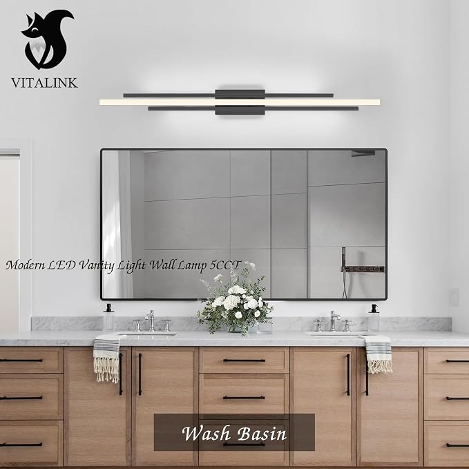 Modern LED Vanity Light 48 Inches Long Black LED Wall Light Over Vanity Mirror Hardwired Wall Mount Lighting Fixture 5CCT(3000K/3800K/4500K/5200K/6000K) Dimmable Bathroom Wall Mount Lighting