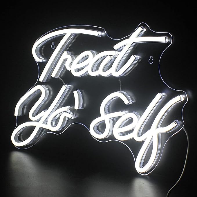 Treat Yourself Neon Sign White Led Word Neon Lights Usb Neon Light Signs for Bedroom Home Light Up Letter Neon for Birthday Party Gifts
