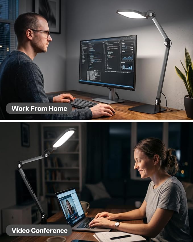 Led Desk Lamp for Office Home Video Reading Swing Arm Task Light | 1200lm Eye-Caring Desk Light for Computer Monitor, Dimmable 5 Color & 5 Brightness, Timer & Memory, Touch & Remote