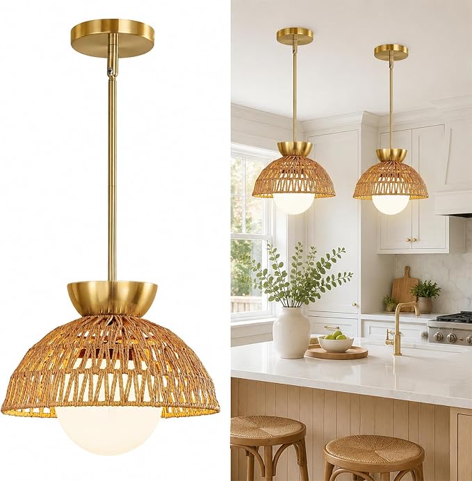 AIJIASI Rattan Pendant Light, 11.8" Hand Woven Boho Pendant Light Fixture with Milk Glass Globe, Gold Kitchen Pendant Lighting Over Island Adjustable Chandelier for Dining Room Hallway Foyer
