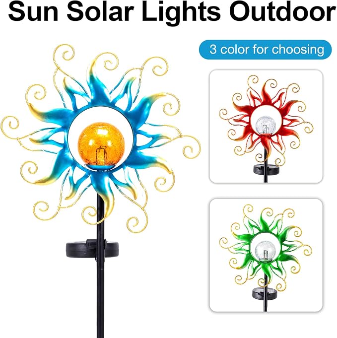 ZHQIAN Solar Lights Outdoor Garden Decor, Blue Metal Sun Crackle Glass Globe Stake Waterproof 30LED Decorations Unique Gifts for Women,Mom,Outside, Patio,Lawn,Yard,Pathway