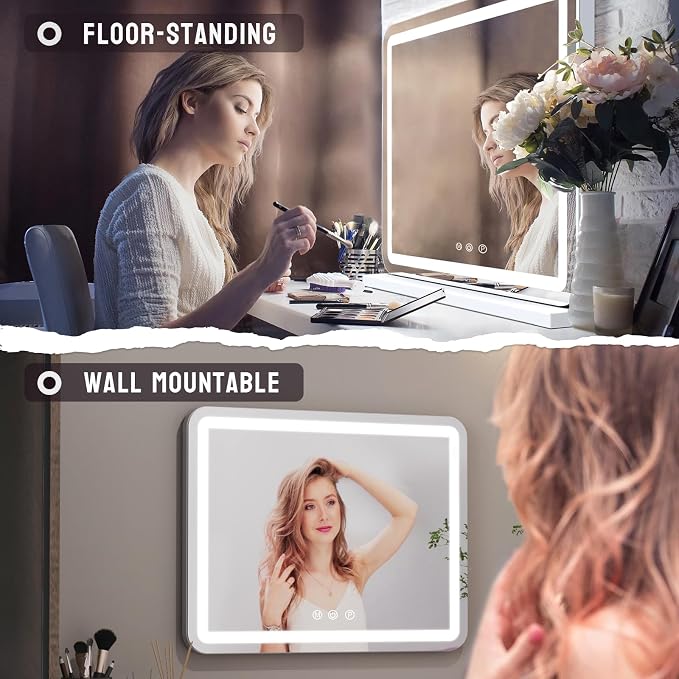 ZL ZELing Vanity Mirror with Lights, 23 Inch Large Makeup Mirror with LED Lights, Smart Touch Dimmable 3-Color Light, Memory Function, USB Charging Port, and Magnifying Glass