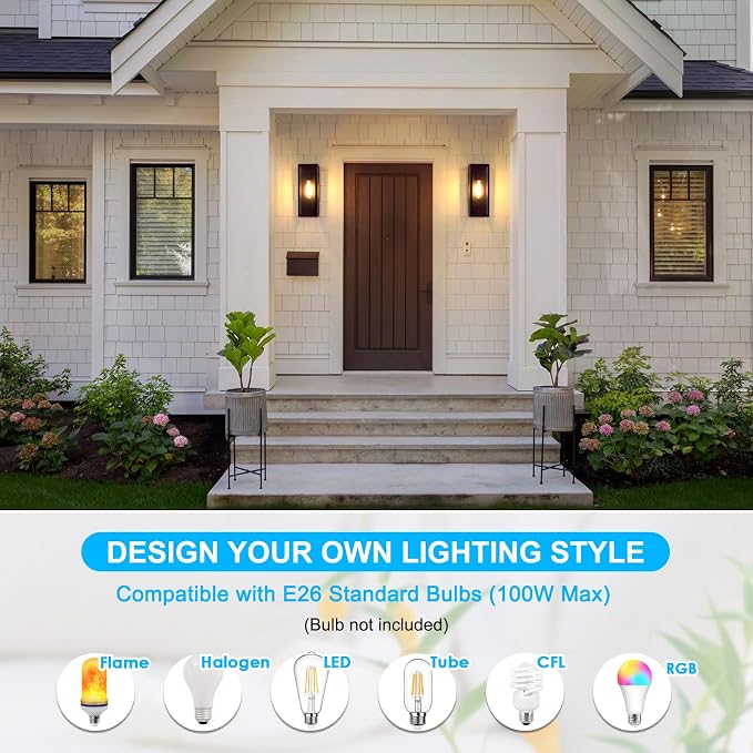 VerRon Outdoor Wall Light Fixtures, Modern Exterior Wall Lanterns, 2-Pack | Oil Rubbed Bronze, Anti-Rust E26 Modern Lighting Fixtures Waterproof with Clear Glass Shades for Patio Garage Front Door