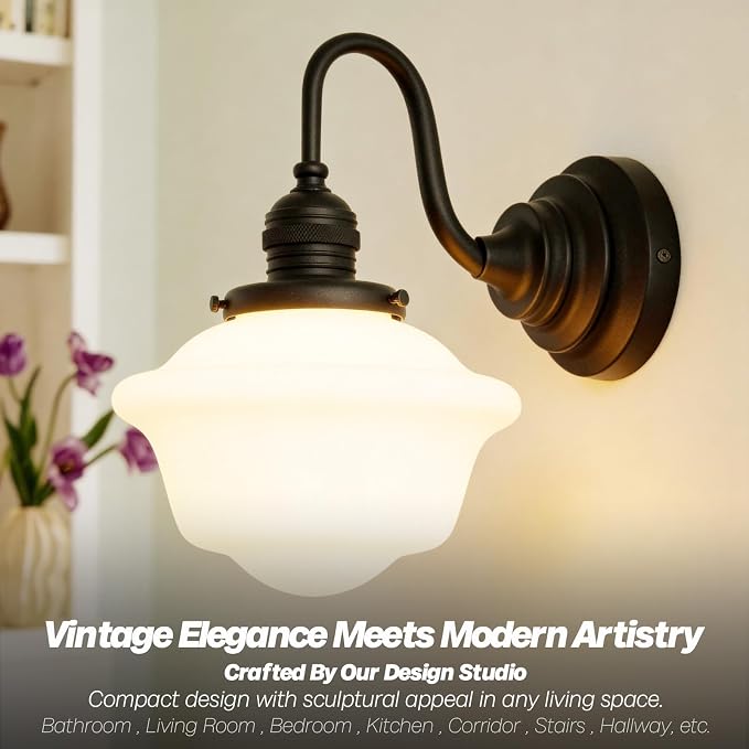 Vintage Wall Sconce Black Milk Glass Bathroom Vanity Light | 1 Pack,Bathroom Light Fixtures,Matte Black,Frosted Milk Glass,Hardwired Only,E26 Base,for Bathroom Mirror Hallway