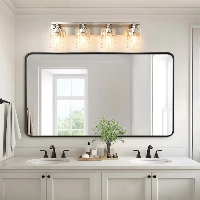 Modern Bathroom Lighting Fixtures Over Mirror, Vanity Lights for Bathroom, Wall Sconces with Clear Glass Shades, E26 Ceramic Socket, 4-Light 27.5-inch Brushed Nickel