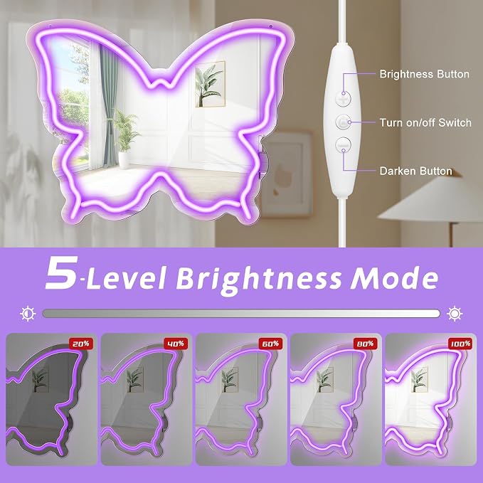 Butterfly Neon Sign Mirror, LED Neon Signs for Wall Decor, 15.7'' x 12'' Dimmable Neon Light for Teen Girls & Kids Birthday Party Gift, Neon Sign for Bedroom Decor, Wall Mirror, USB Powered (Purple)