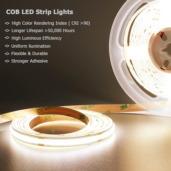 DC 24V COB LED Strip Light Natural White 4000K 2400LEDs 16.4ft(5M) CRI 93+ 4500lm Uniform Glow Flexible IP20 Not Waterproof LED Tape Lights for DIY Bedroom Kitchen Home Decor(No Power Supply)