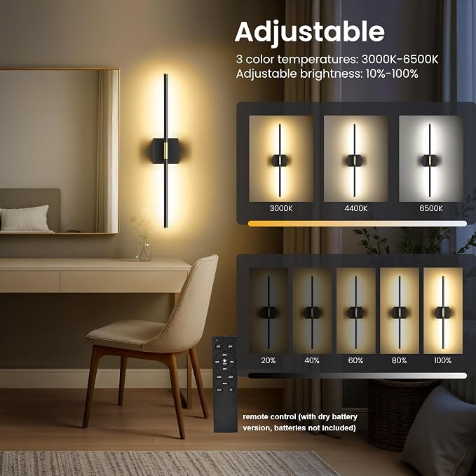 10000mAh Battery Operated Wall Sconces Set of 2, Black Gold, 29 Inch, 3CCT | Renter Friendly, Rechargeable Wall Lights, Remote Control, 360° Rotate, Dimmable, LED Cordless Lights for Bedroom Living Room