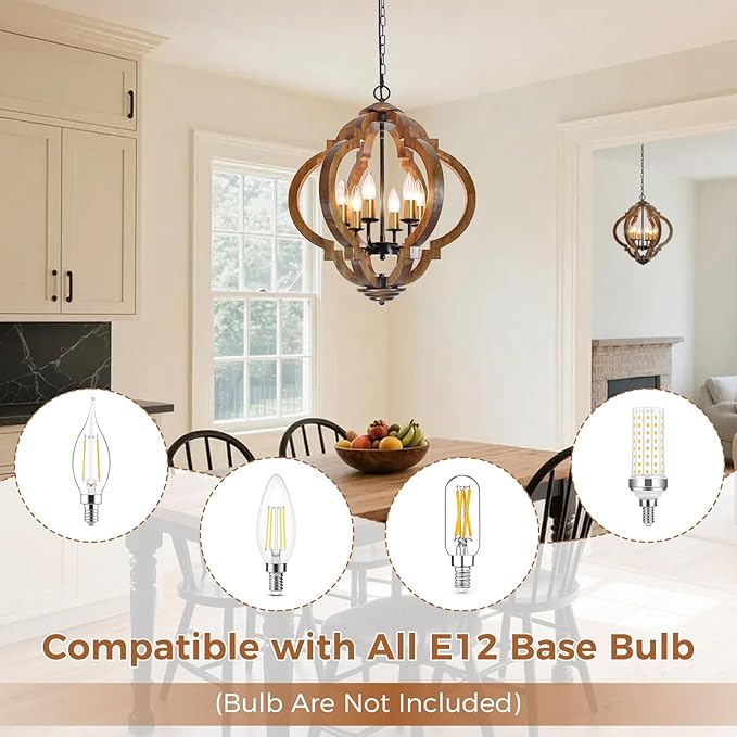 6-Light Farmhouse Chandelier, Rustic Wood Dining Room Light Fixture with Dark Brown Wood & Gold Metal, Easy to Install for Kitchen, Entryway, Bedroom, Living Room