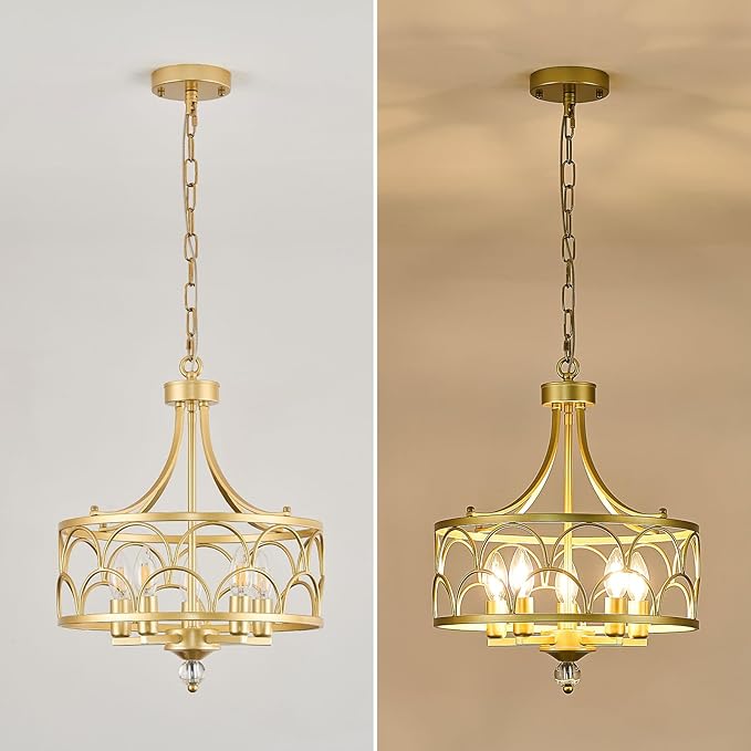 5-Light Chandelier E12 Base Round 15.2in - Gold Metal Farmhouse Lantern Pendant Light Fixture,Adjustable Hanging Ceiling Lighting,for Kitchen Island,Entryway,Dining Room,Living Room