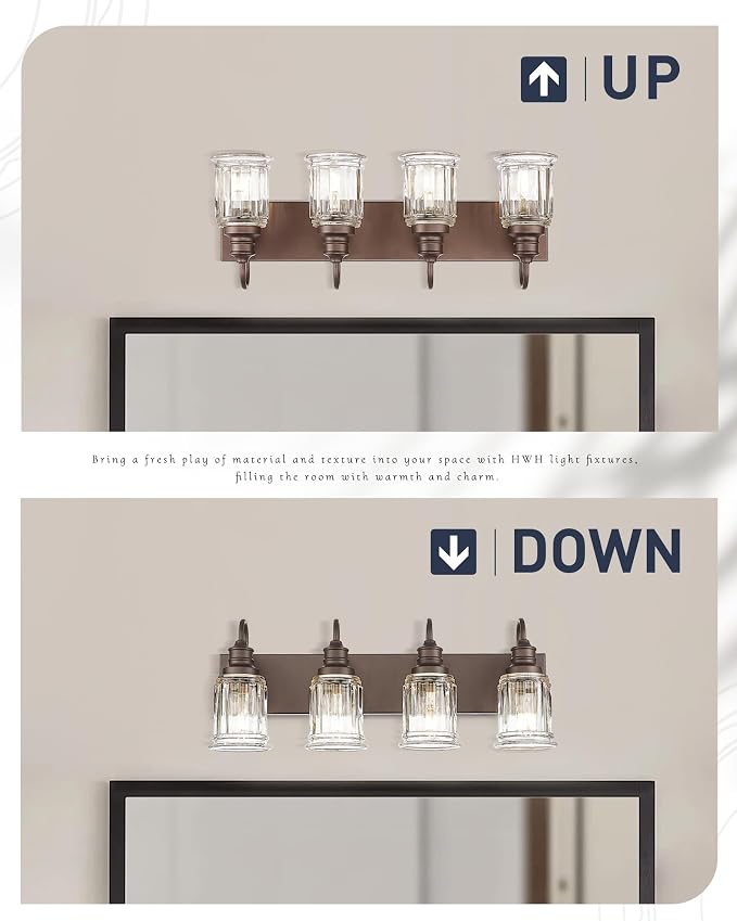 Bathroom Vanity Light - HWH 4-Light Vanity Lights for Bathroom Wall Mounted Light Fixtures Over Mirror, Oil Rubbed Bronze Vanity Light with Bell-Shaped Clear Glass, 5HZG106B-4W ORB