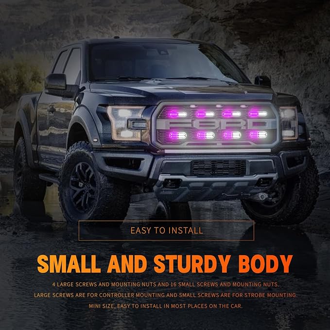 BooYu 8-pcs Sync Feature LED Emergency Strobe Lights Ultra Slim Grille Surface Mount Flashing Warning Hazard Light Bar w/Controller for Construction, Firefighter, Trucks, Vehicles, Car (Purple/White)