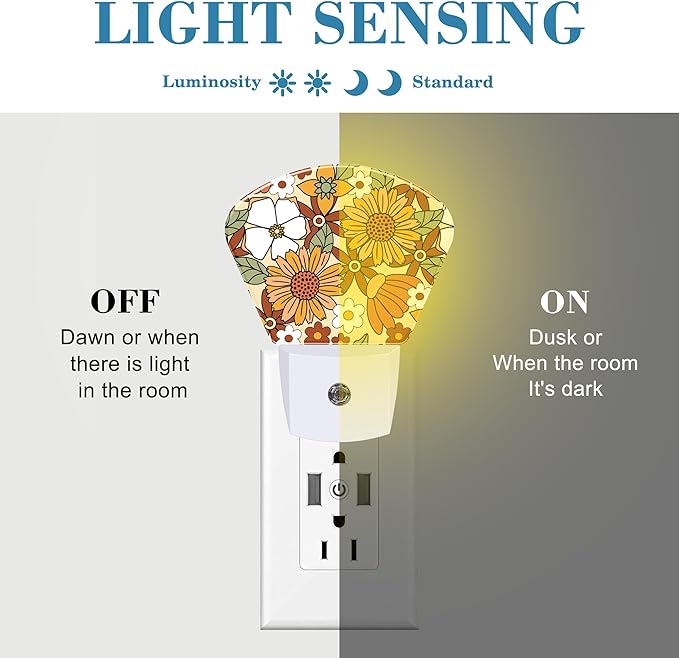 Retro Floral Plug in Night Lights, Groovy Flower Nightlight Plug Into Wall Dusk to Dawn Sensor for Kid Girls Boys Women Men Bedroom, Hallway, Kitchen, Bathroom, Stairs Decor