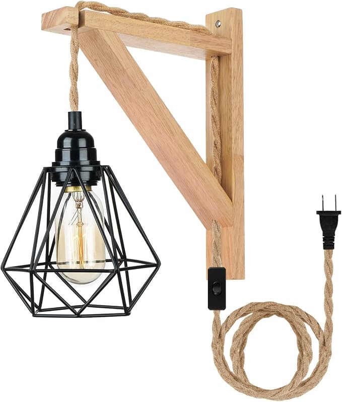 Frideko Plug in Wall Sconce Boho Farmhouse Hanging Wall Lamp with Plug in Cord, Wall Light with Wood Shelf Bracket for Bedroom Living Room Apartment RV Camper(Black)