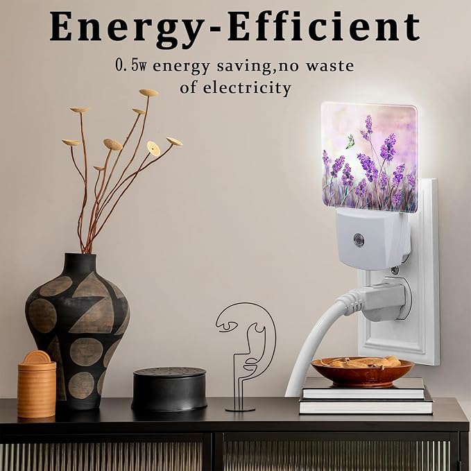 Purple Lavander Flowers Butterfly Night Light Plug into Wall,Watercolor Lavander Floral Dusk to Dawn Night Light,0.5w Energy Saving Sleep Friendly Nightlights for Kids Boys Girls Home