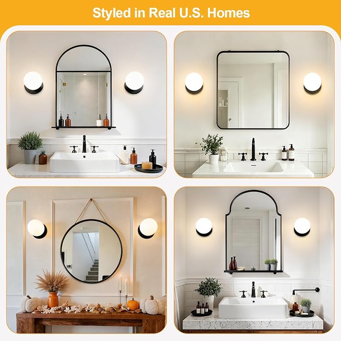 2 Pack Modern Matte Black Wall Light Fixtures, Mid-Century Globe Glass Wall Sconces Set of Two for Bathroom Mirror, Living Room, Hallway, Entryway (Bulbs Not Included)