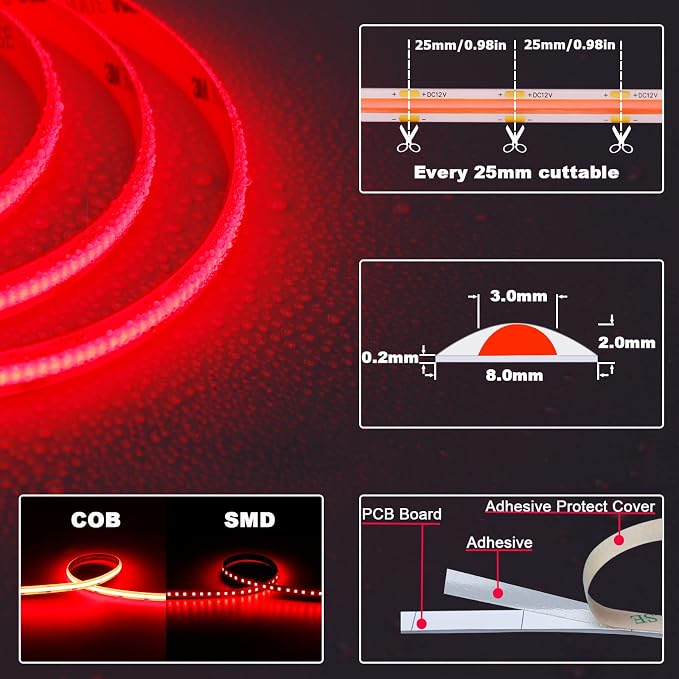 TOPAI 12V COB LED Strip Lights Red 16.4ft Dotless Outdoor IP65 Waterproof | High Density 480LEDs/M, Uniform Lighting, Cuttable, Flexible, Self Adhesive Easy Install for Living Room, Balcony