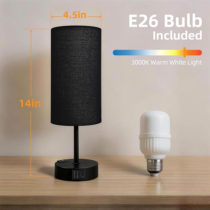 Table Lamp for Nightstand, High-Sensitivity Touch, 3-Level Dimmable Bedside Lamp with AC Outlet | USB | and USB-C, Ideal Night Stand Lamp for Bedroom (1, Black)